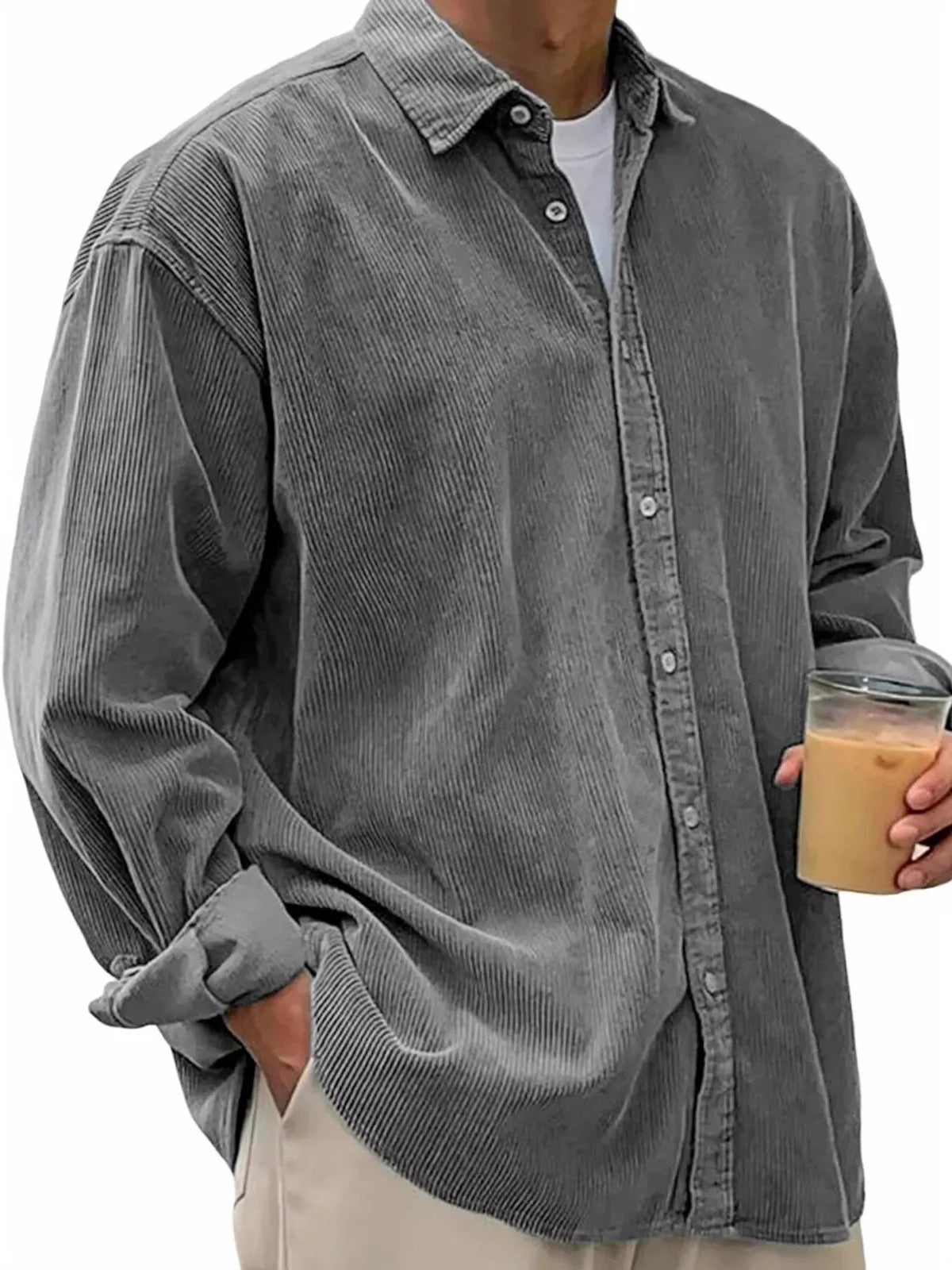 Men's Full Size Vintage Corduroy Long Sleeve Shirt Plus Size