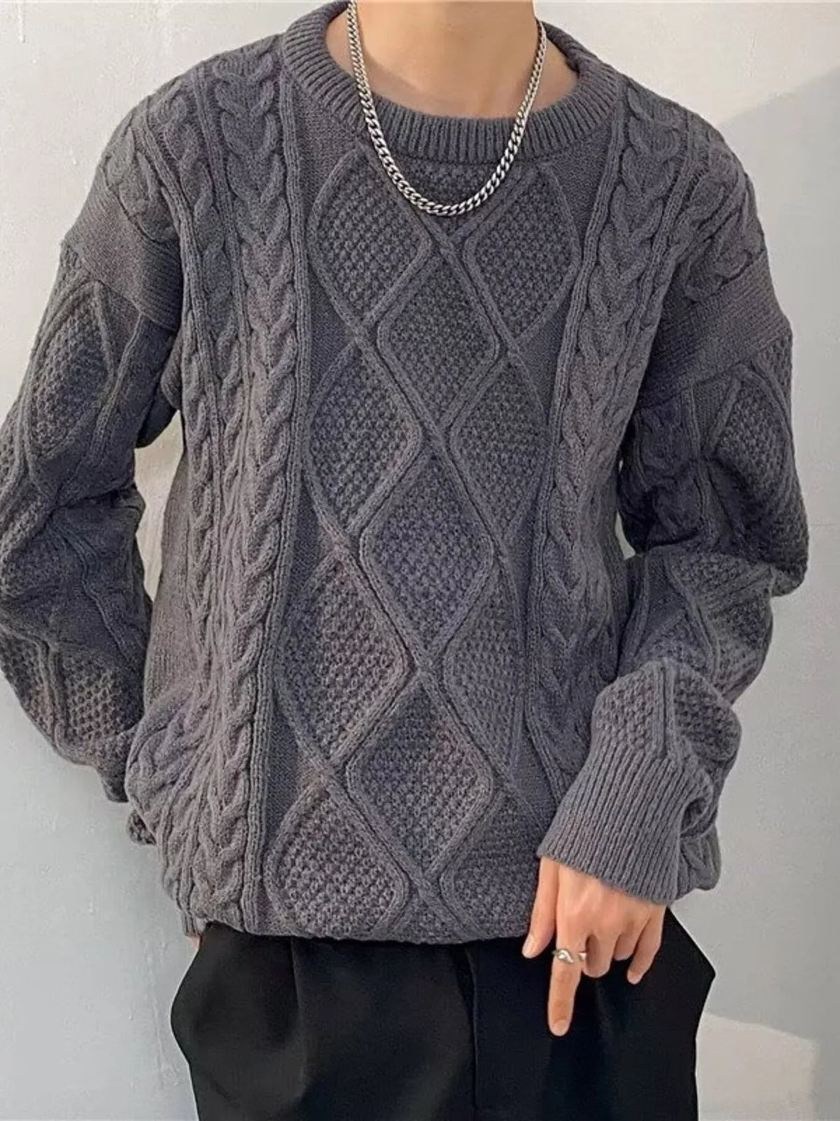 Men's Plus Size  Cable Knit Round Neck Sweater