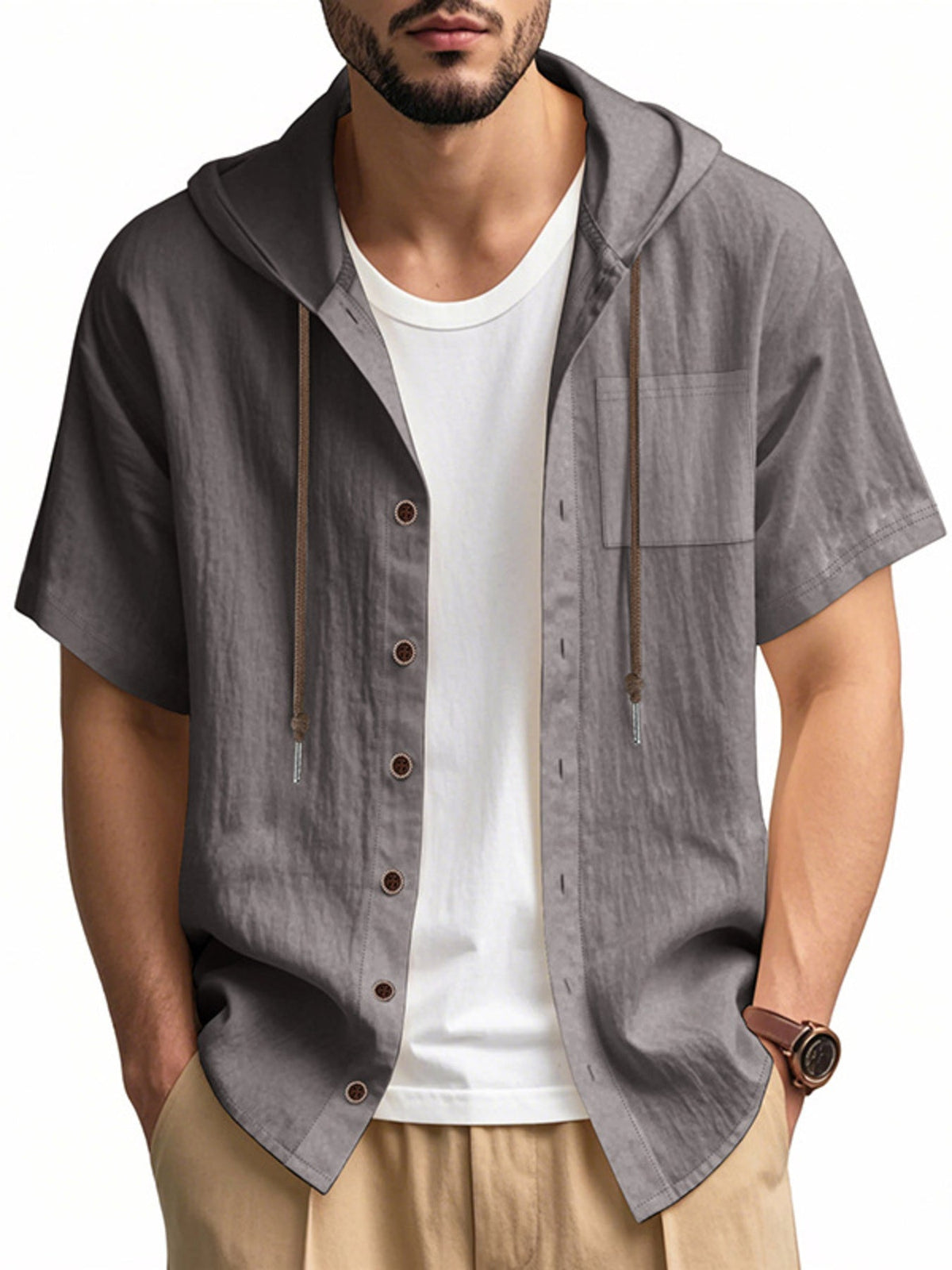 Men's Full Size Casual Hooded Short-Sleeve Shirt Plus Size