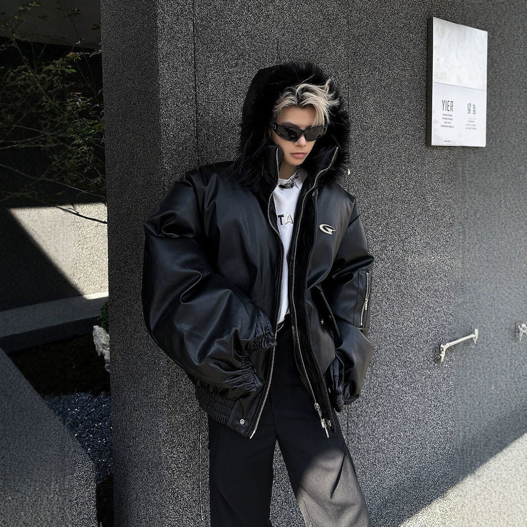 Reaper unit worldwide PU Leather Hooded Cotton Coat Jacket Warm And Loose Top
