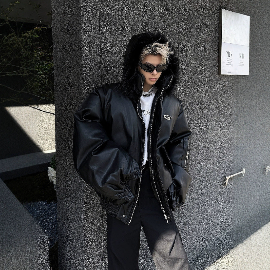 Reaper unit worldwide PU Leather Hooded Cotton Coat Jacket Warm And Loose Top