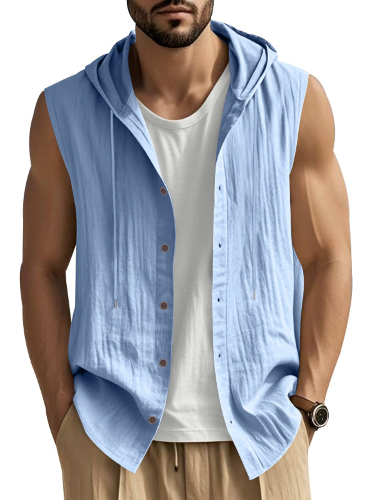 Men's Full Size Casual Sleeveless Hooded Button-Down Top Plus Size
