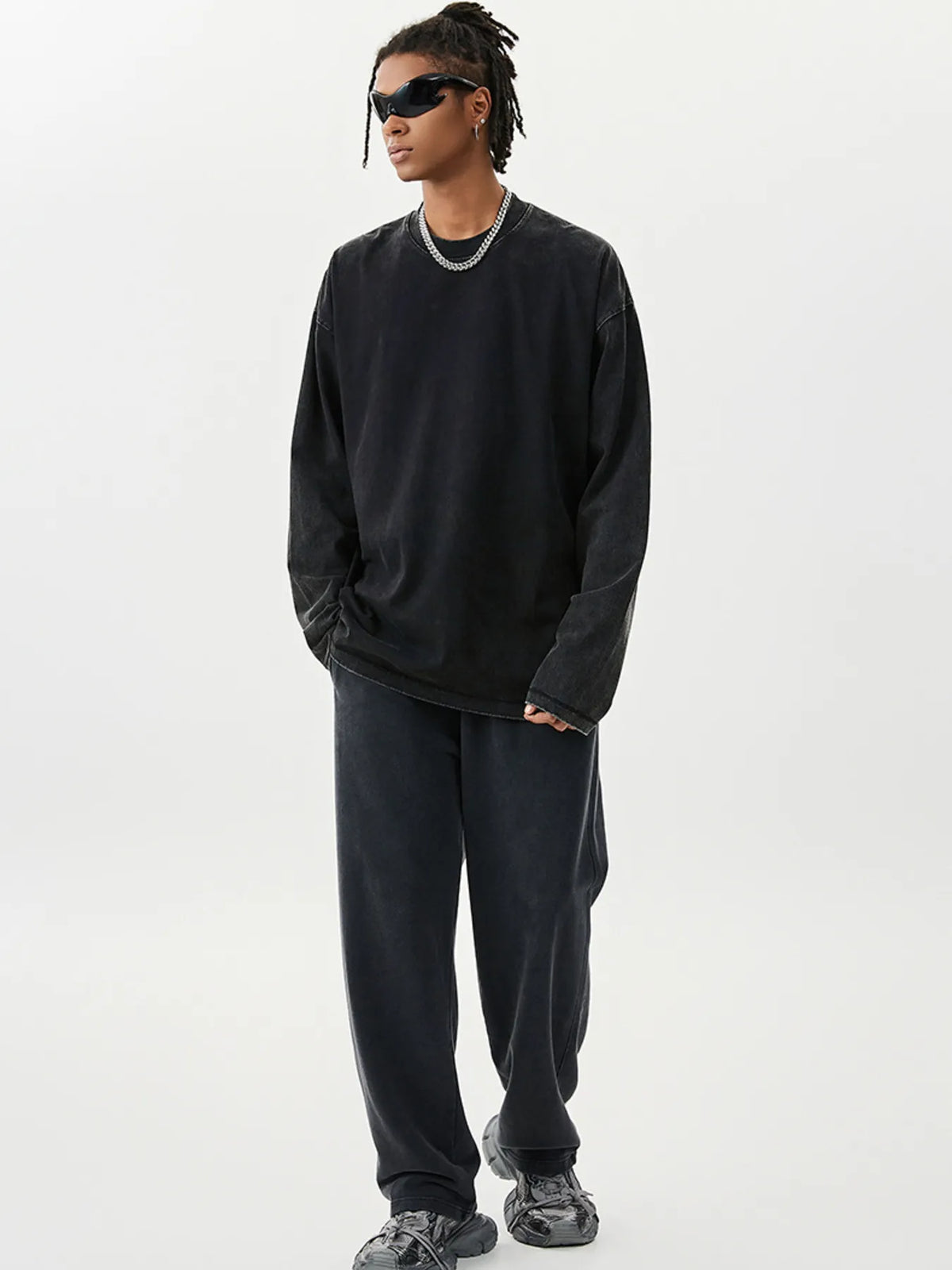 Men's Washed Round Neck Long Sleeve T-Shirt
