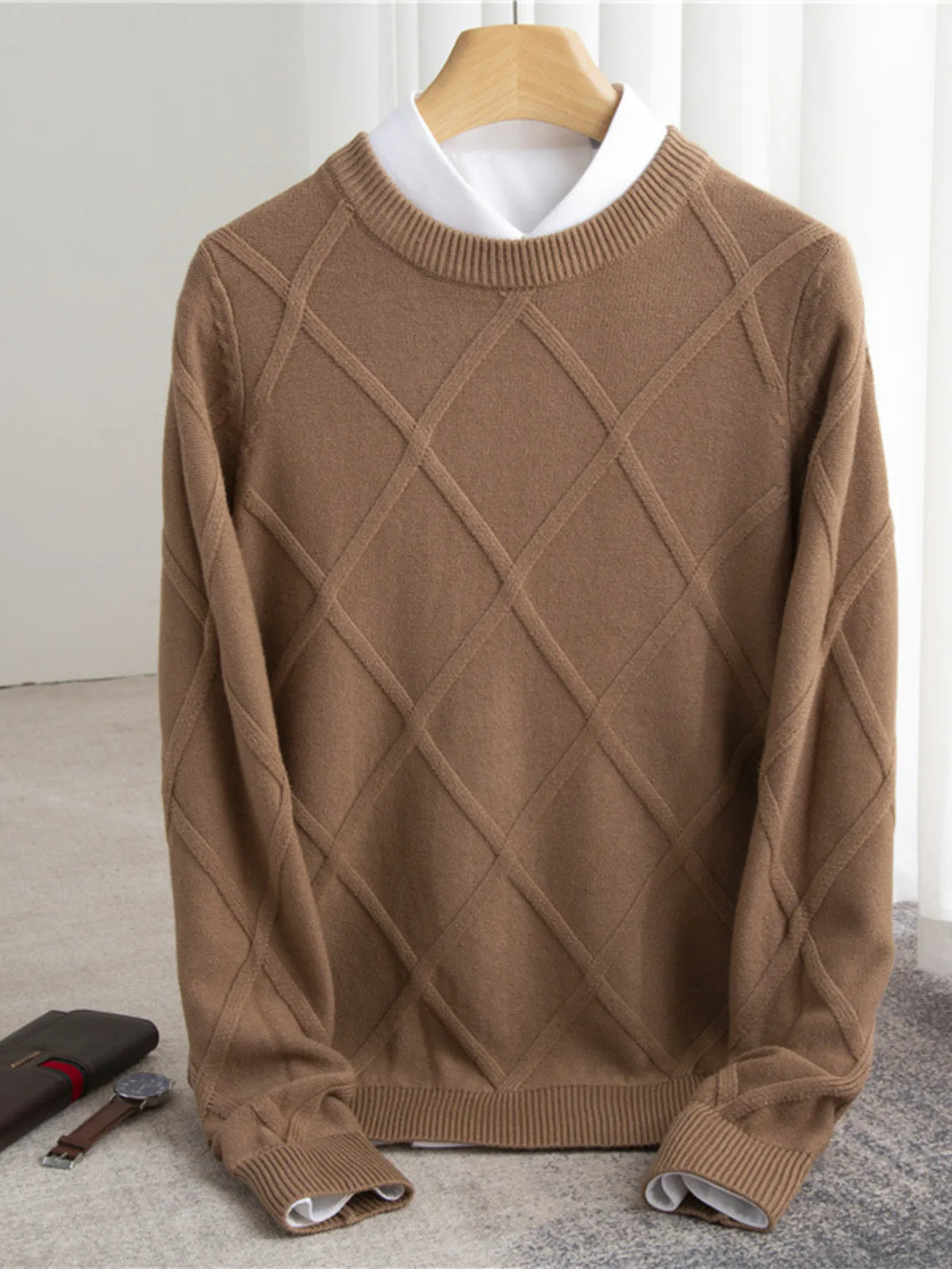 Men's Full Size Diamond Pattern Long Sleeve Sweater Plus Size