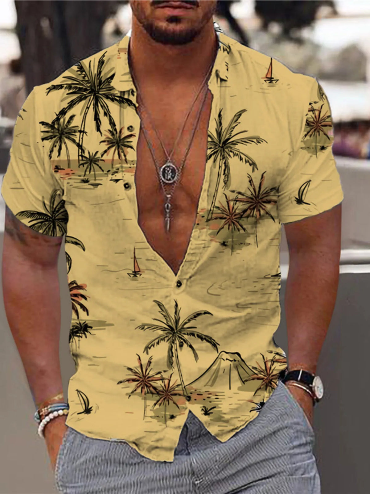 Men's Full Size Tropical Print Short Sleeve Button-Down Shirt Plus Size
