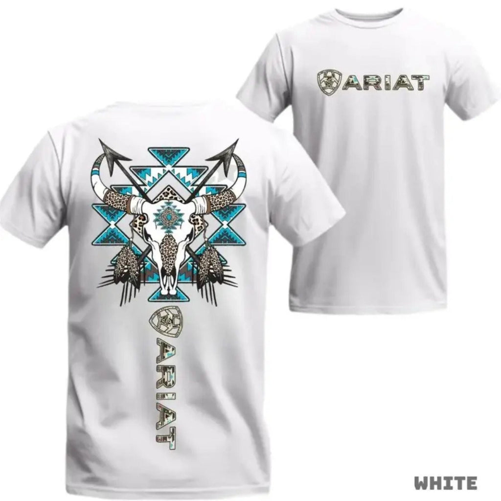 Western Tribal Skull T-Shirt – Bull Skull & Blue Aztec Graphic Tee, Unisex Cotton Shirt