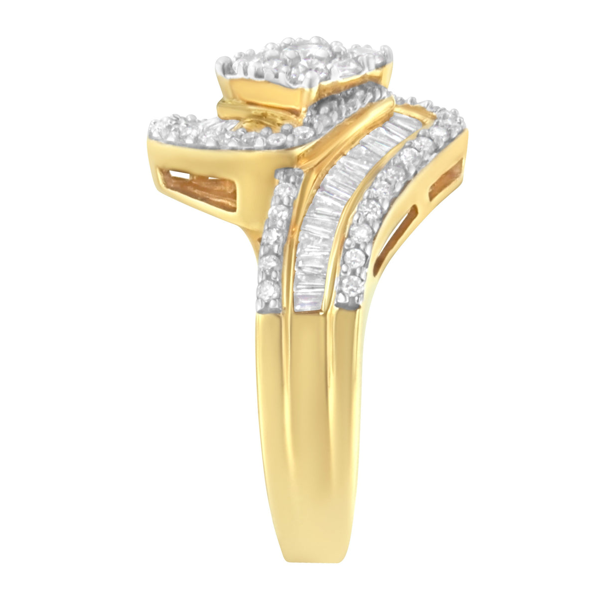 14K Yellow Gold 1.0 Cttw Baguette & Brilliant-Cut Diamond Round Floral Cluster Engagement or Fashion Ring with Swirl Wrapped Triple Row Band (H-I Color, SI2-I1 Clarity) - Size 6-3/4