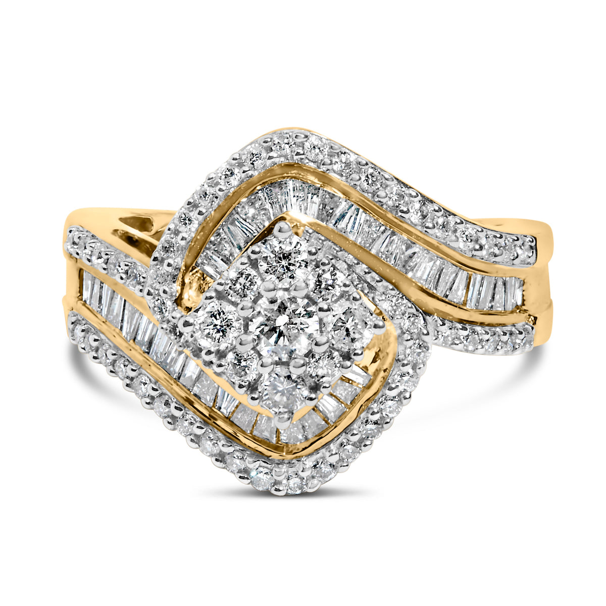 14K Yellow Gold 1.0 Cttw Baguette & Brilliant-Cut Diamond Round Floral Cluster Engagement or Fashion Ring with Swirl Wrapped Triple Row Band (H-I Color, SI2-I1 Clarity) - Size 6-3/4