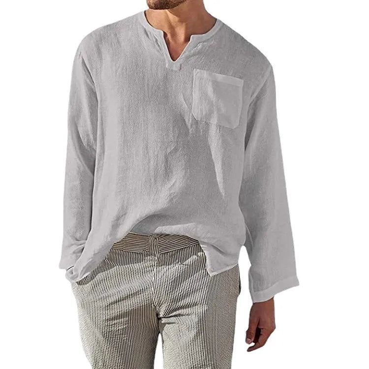 Men's Full Size Casual Notched Linen Long Sleeve Top Plus Size