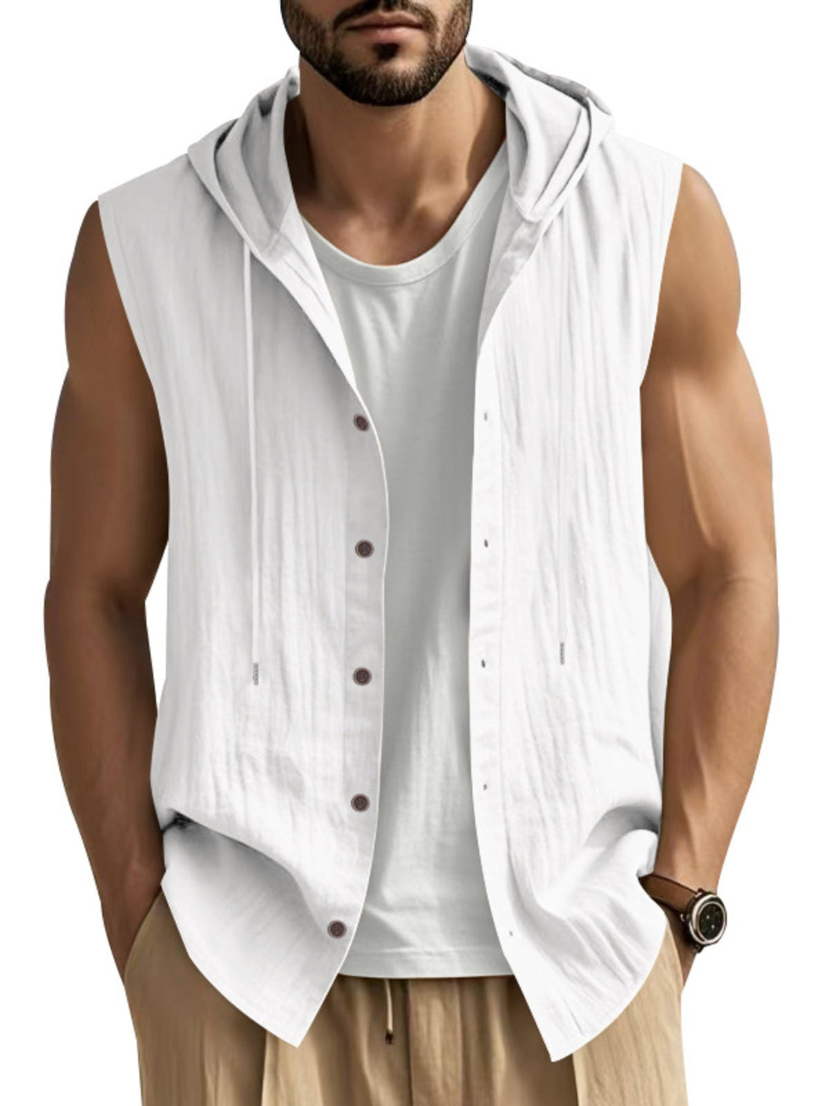 Men's Full Size Casual Sleeveless Hooded Button-Down Top Plus Size