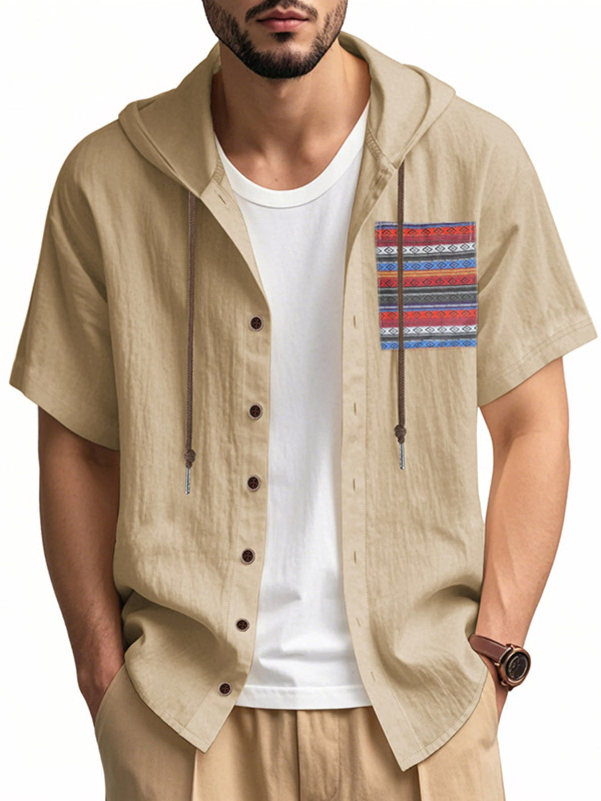 Men's Full Size Casual Hooded Short Sleeve Shirt Plus Size