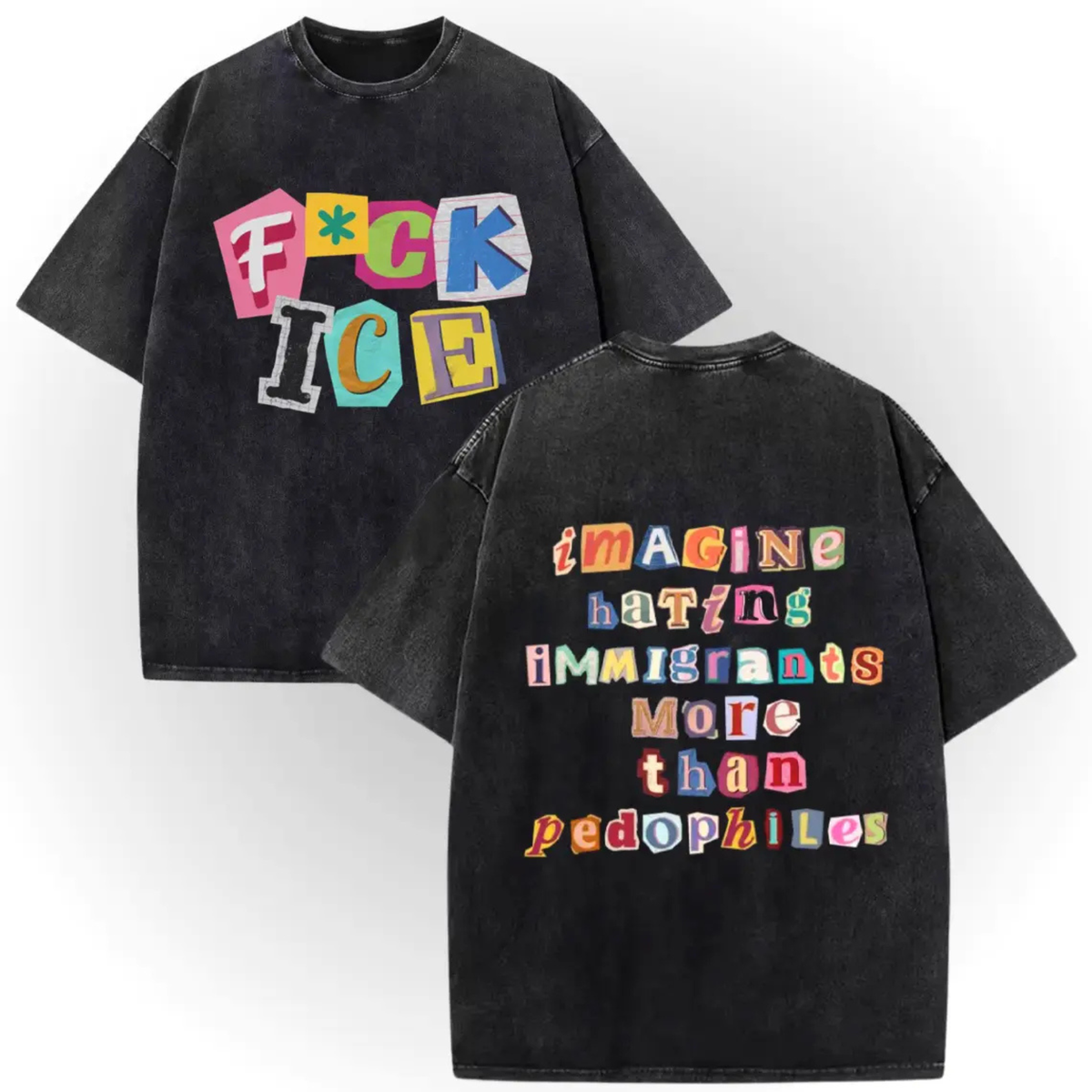 2-Sided "Anti ICE" Graphic Tee – Vintage Washed Magazine Letter Shirt