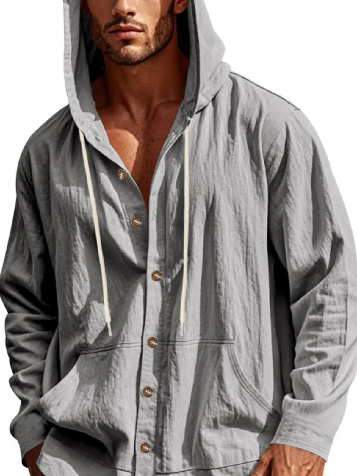 Men's Full Size Drawstring Button Up Hooded Top Plus Size
