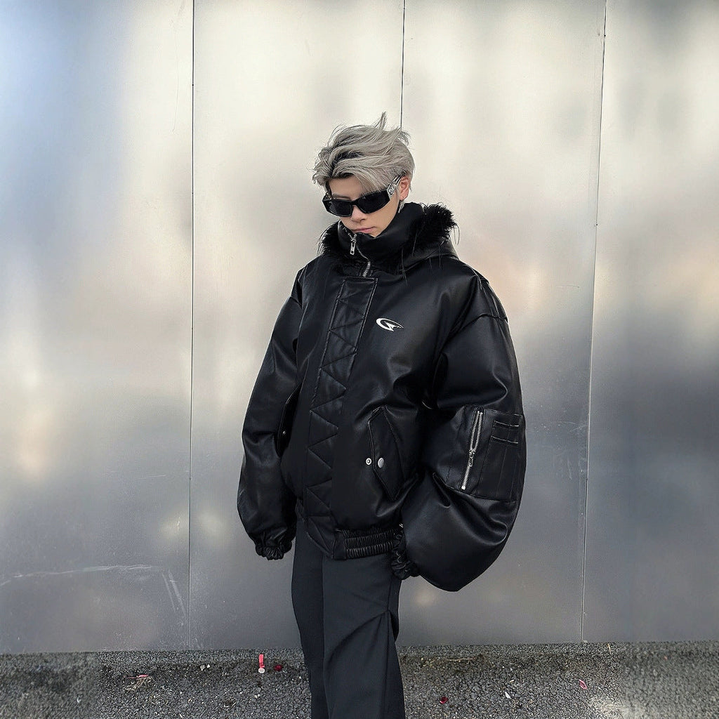 Reaper unit worldwide PU Leather Hooded Cotton Coat Jacket Warm And Loose Top