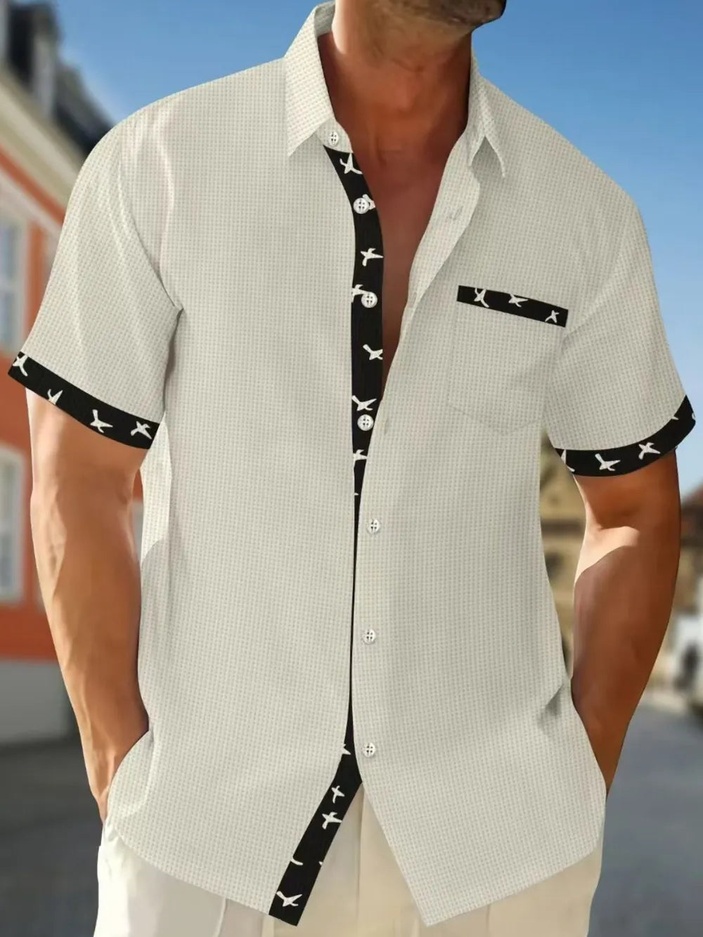 Men's Full Size Contrast Trim Waffle Knit Short Sleeve Shirt Plus Size