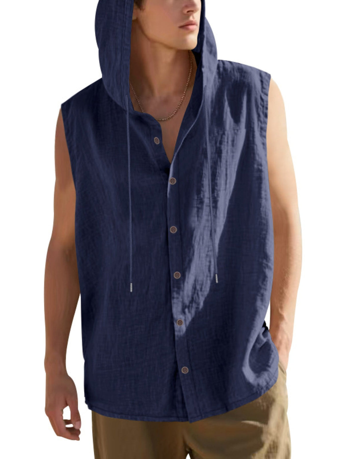 Men's Full Size Casual Sleeveless Hooded Button-Down Top Plus Size