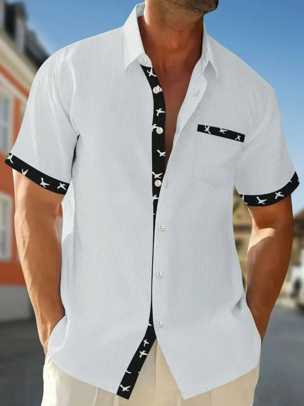 Men's Full Size Contrast Trim Waffle Knit Short Sleeve Shirt Plus Size