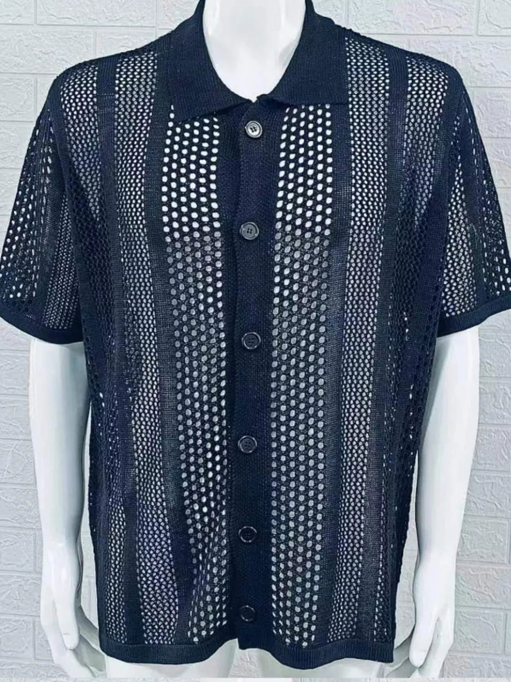 Men's Button Down Collared Neck Hollow Out Shirt