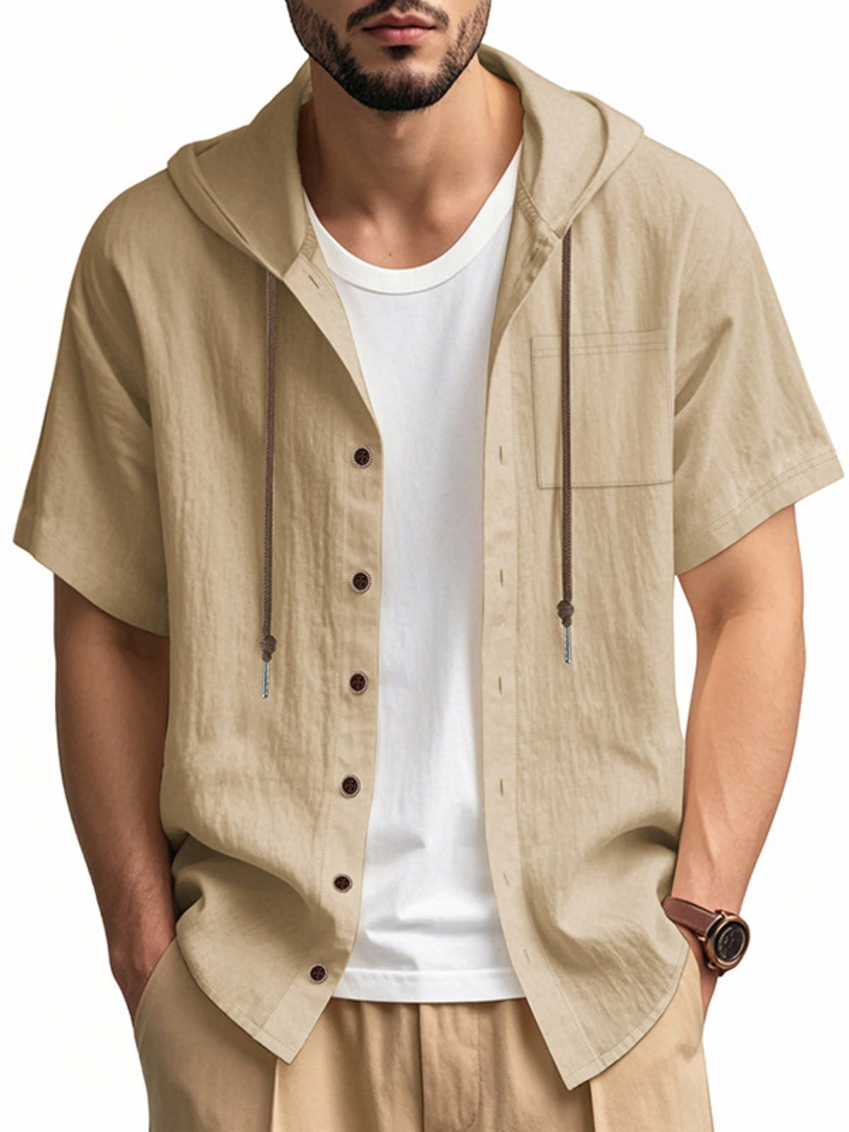 Men's Full Size Casual Hooded Short-Sleeve Shirt Plus Size