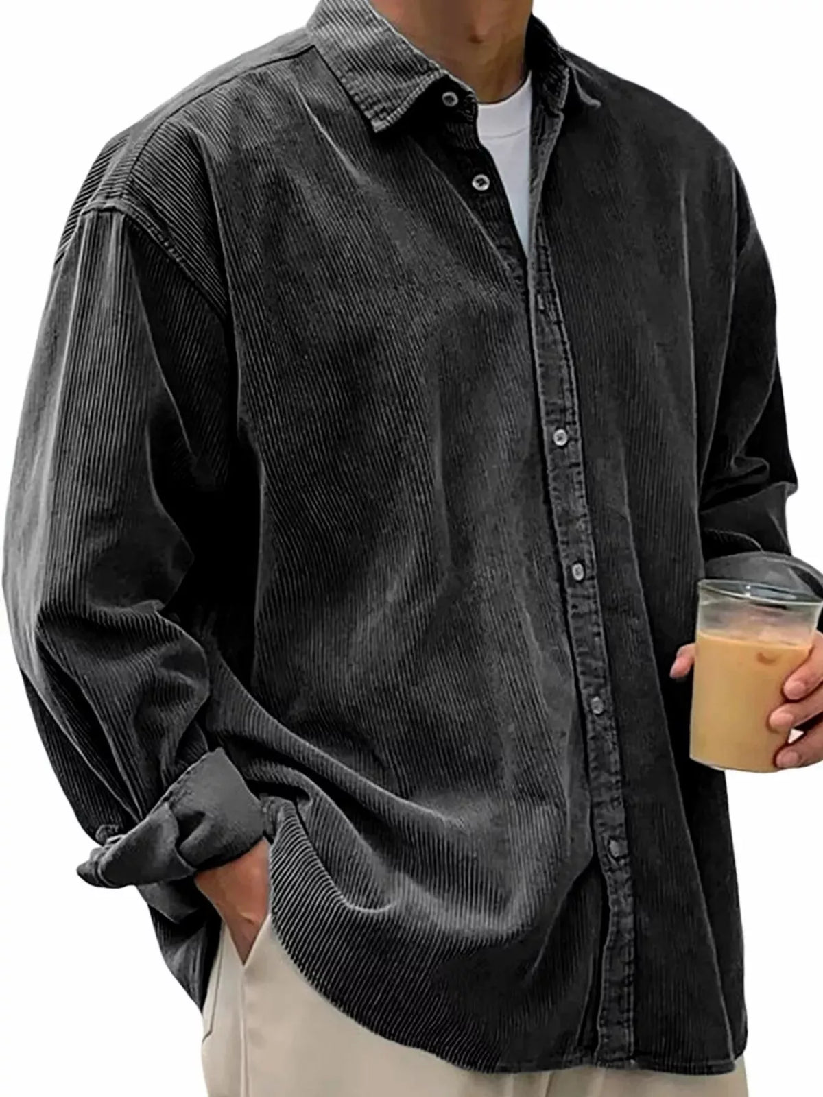 Men's Full Size Vintage Corduroy Long Sleeve Shirt Plus Size