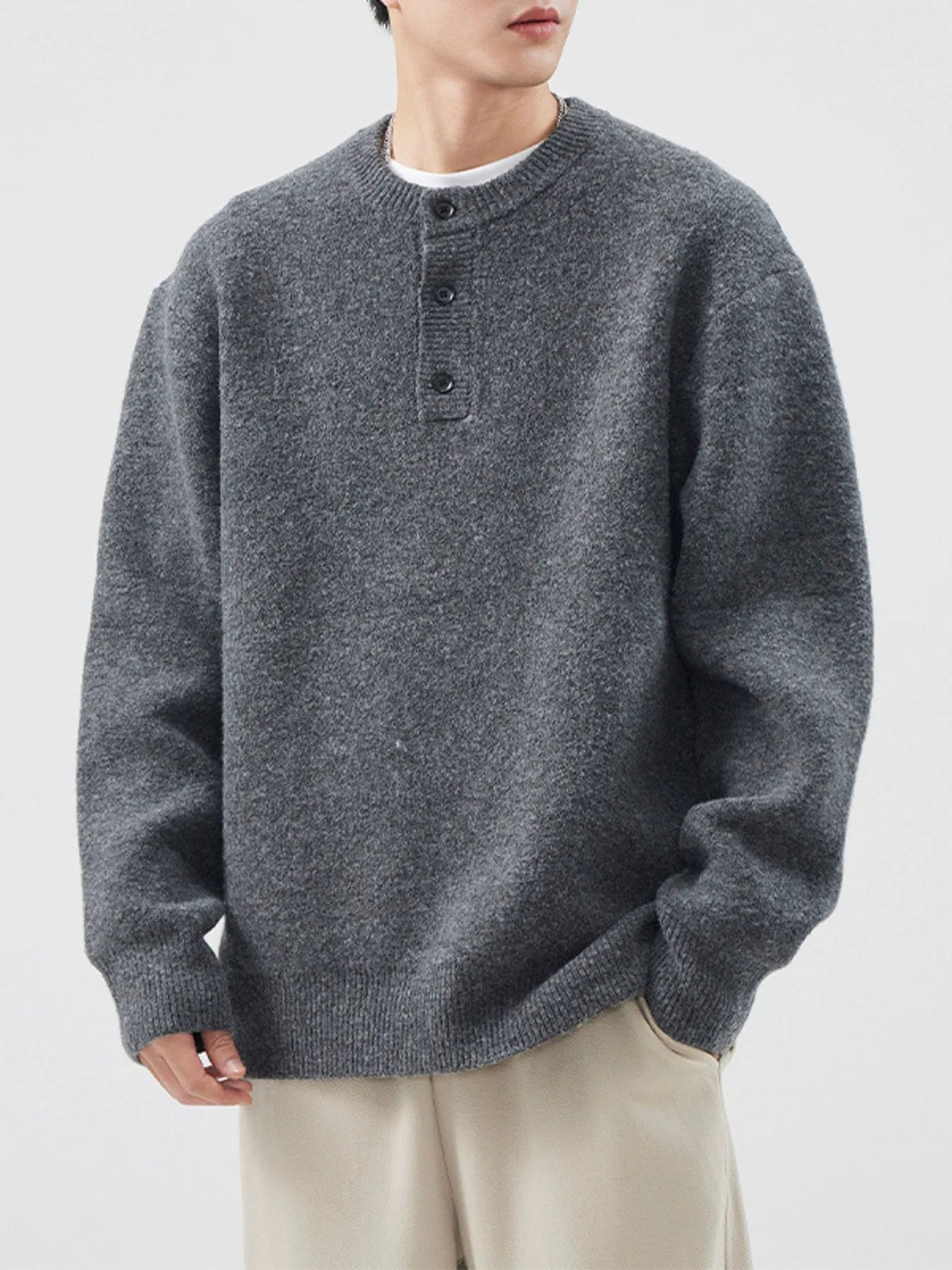 Men's Plus Size Button Detail Ribbed Hem Sweater
