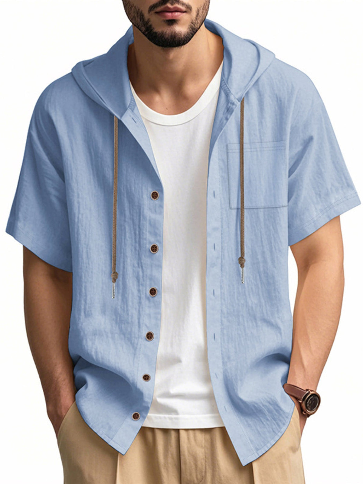 Men's Full Size Casual Hooded Short-Sleeve Shirt Plus Size