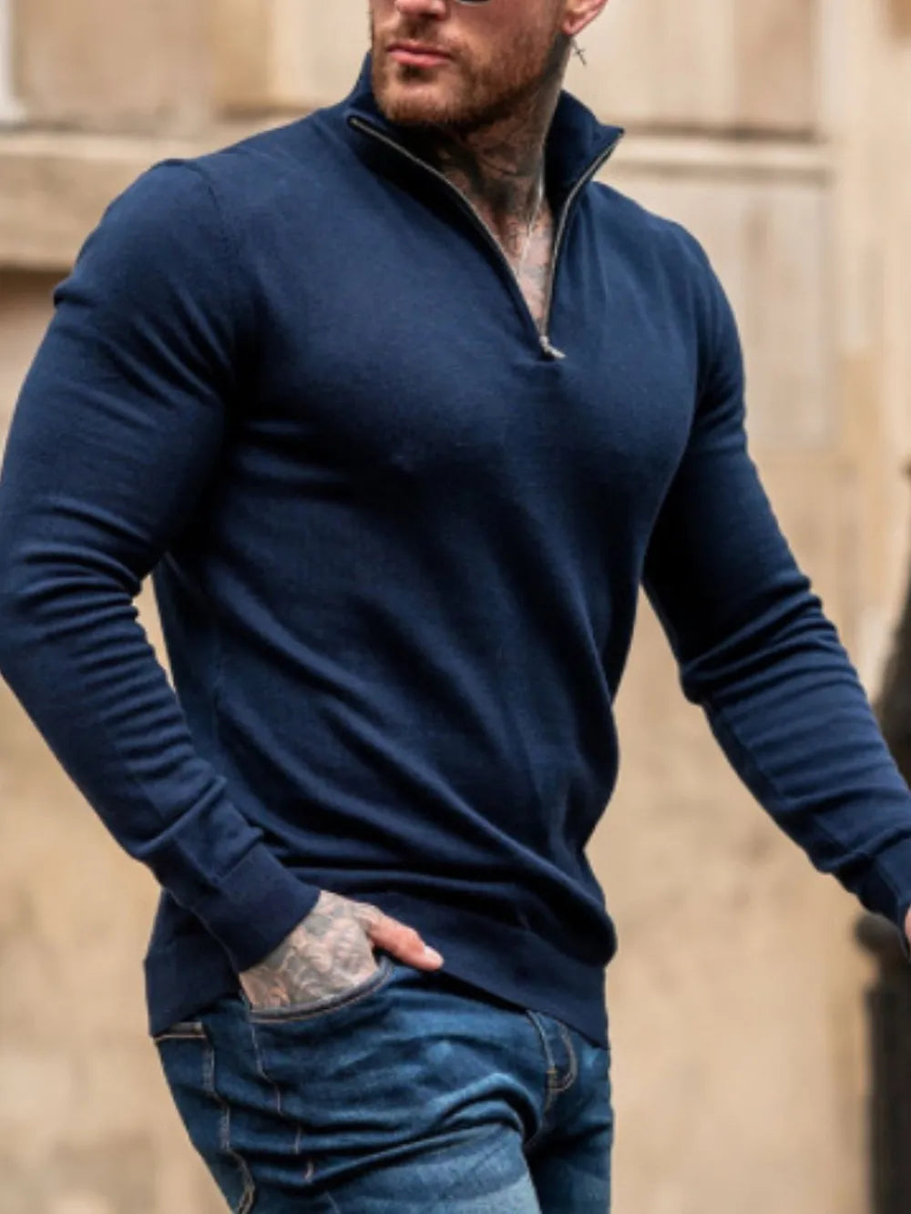 Men's Plus Size Quarter Zip Long Sleeve Sweater