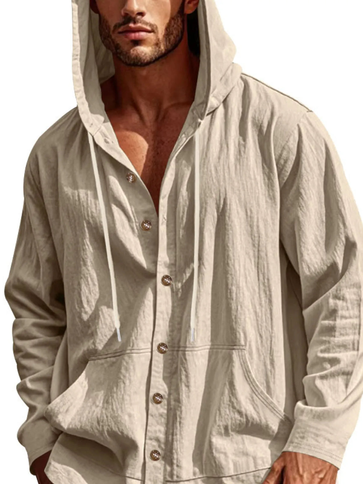 Men's Full Size Drawstring Button Up Hooded Top Plus Size