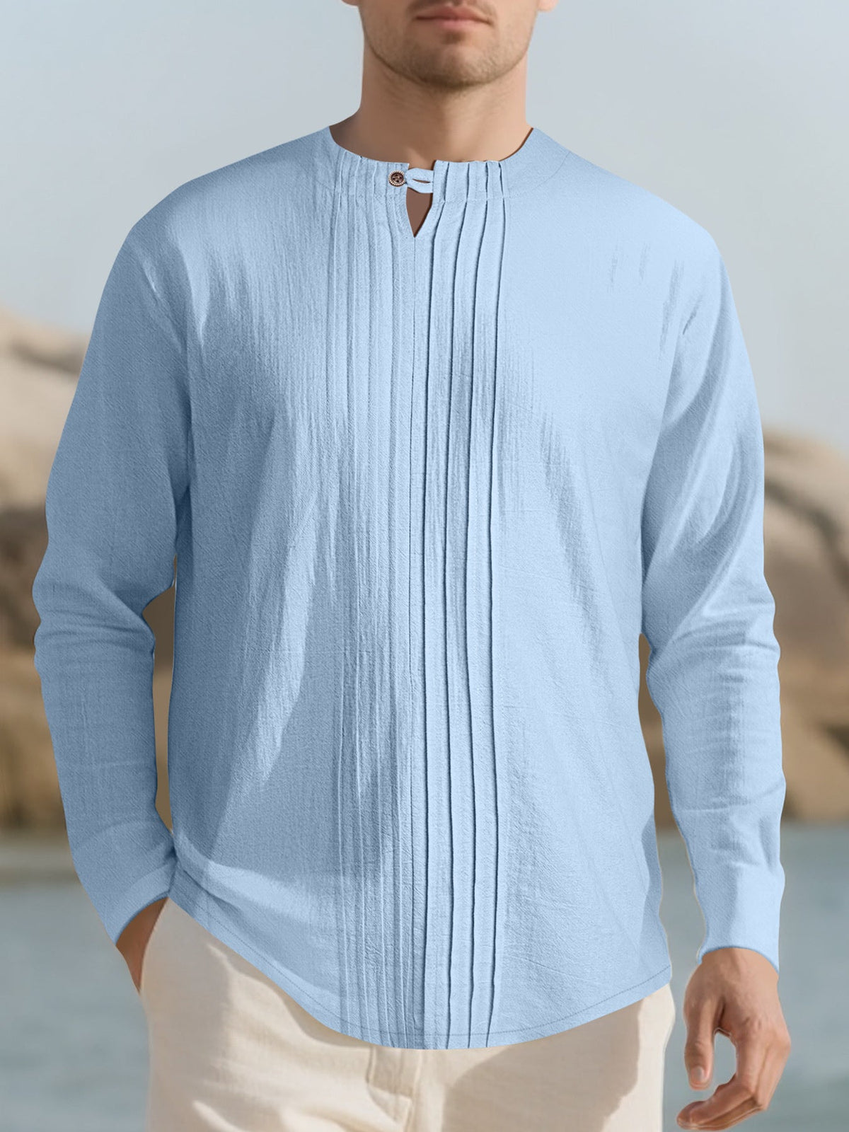 Men's Full Size Casual Pleated Long Sleeve Blouse Plus Size