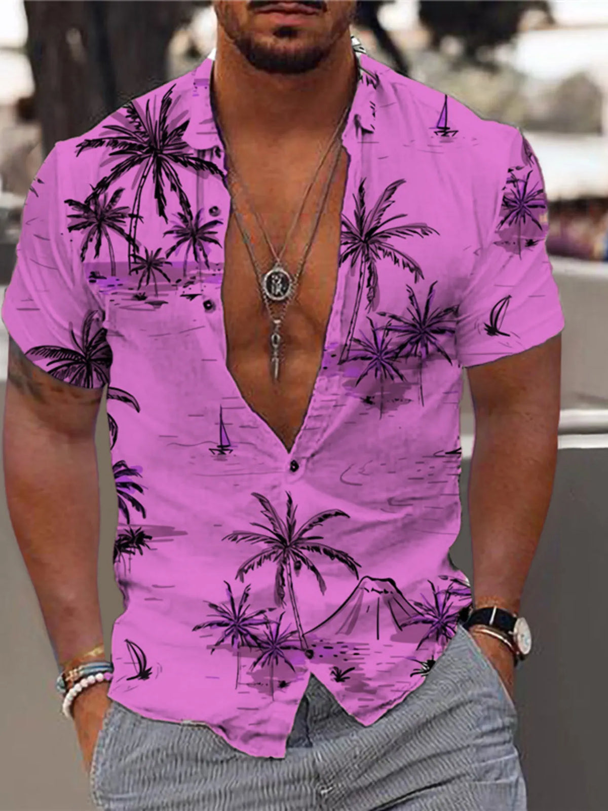 Men's Full Size Tropical Print Short Sleeve Button-Down Shirt Plus Size