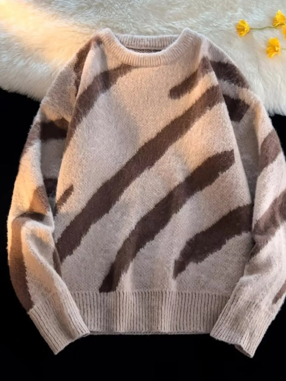 Men's Striped Fuzzy Knit Pullover Sweater