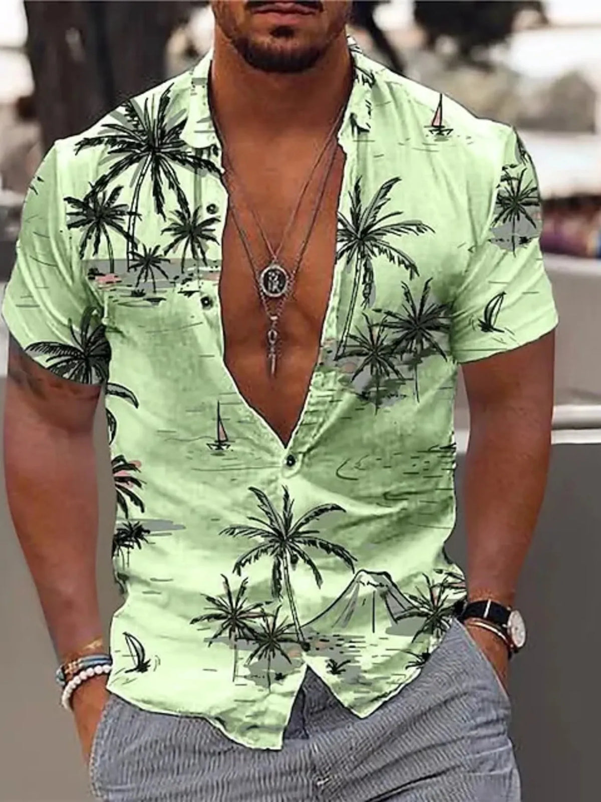 Men's Full Size Tropical Print Short Sleeve Button-Down Shirt Plus Size