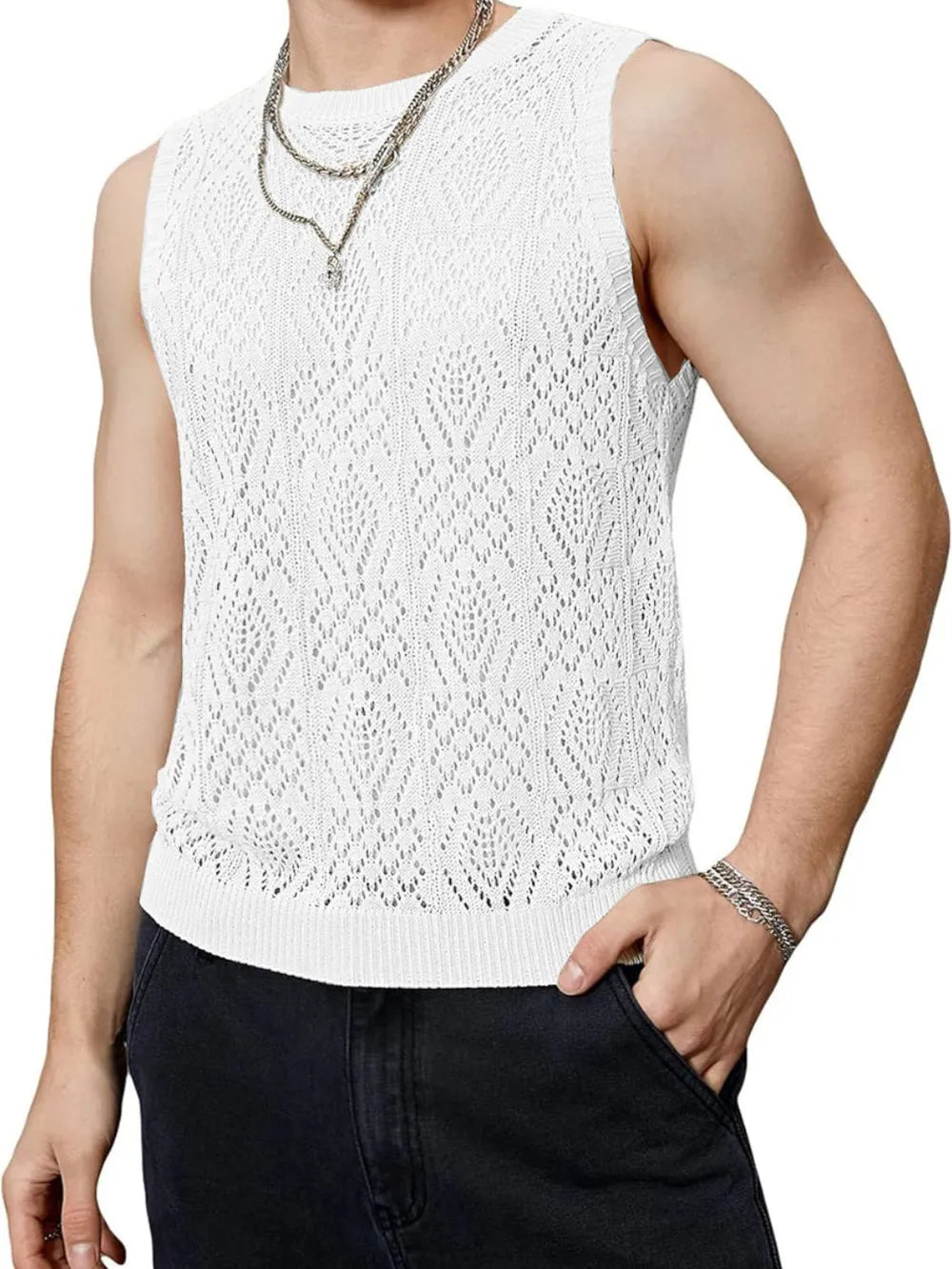 Men's Openwork Round Neck Tank
