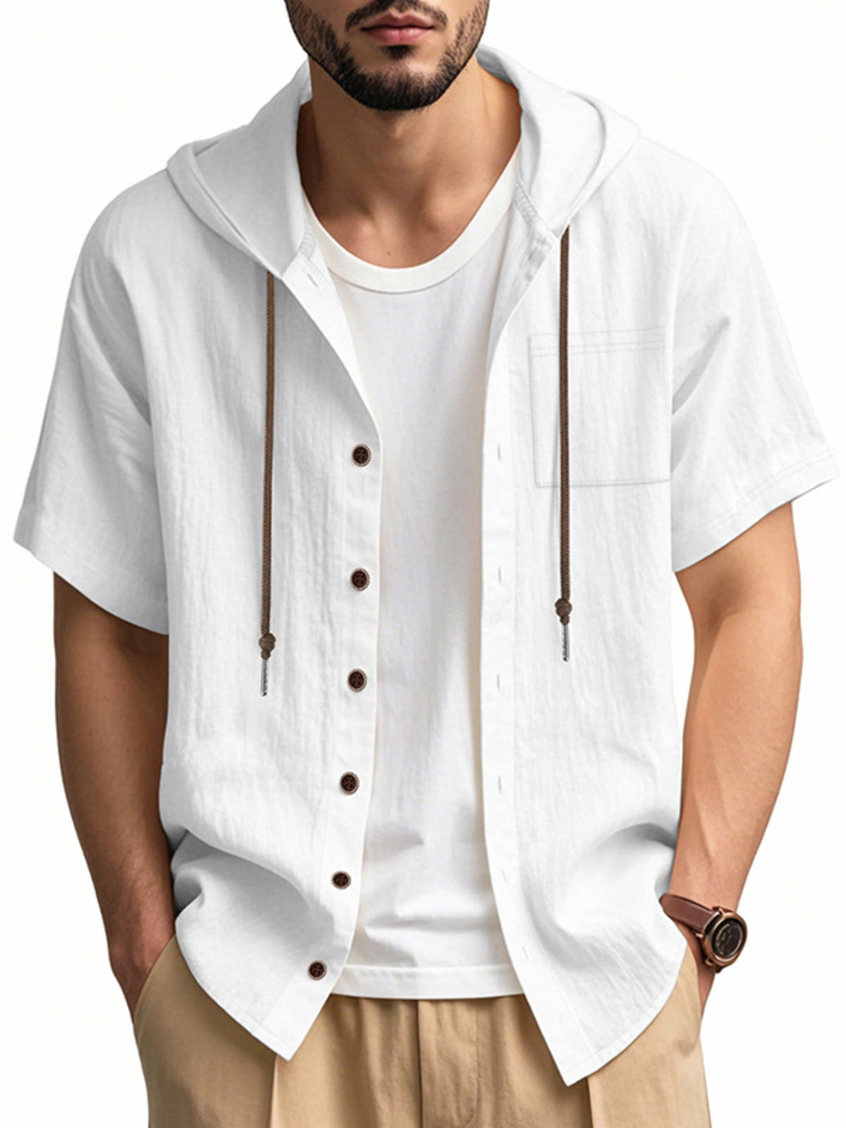 Men's Full Size Casual Hooded Short-Sleeve Shirt Plus Size