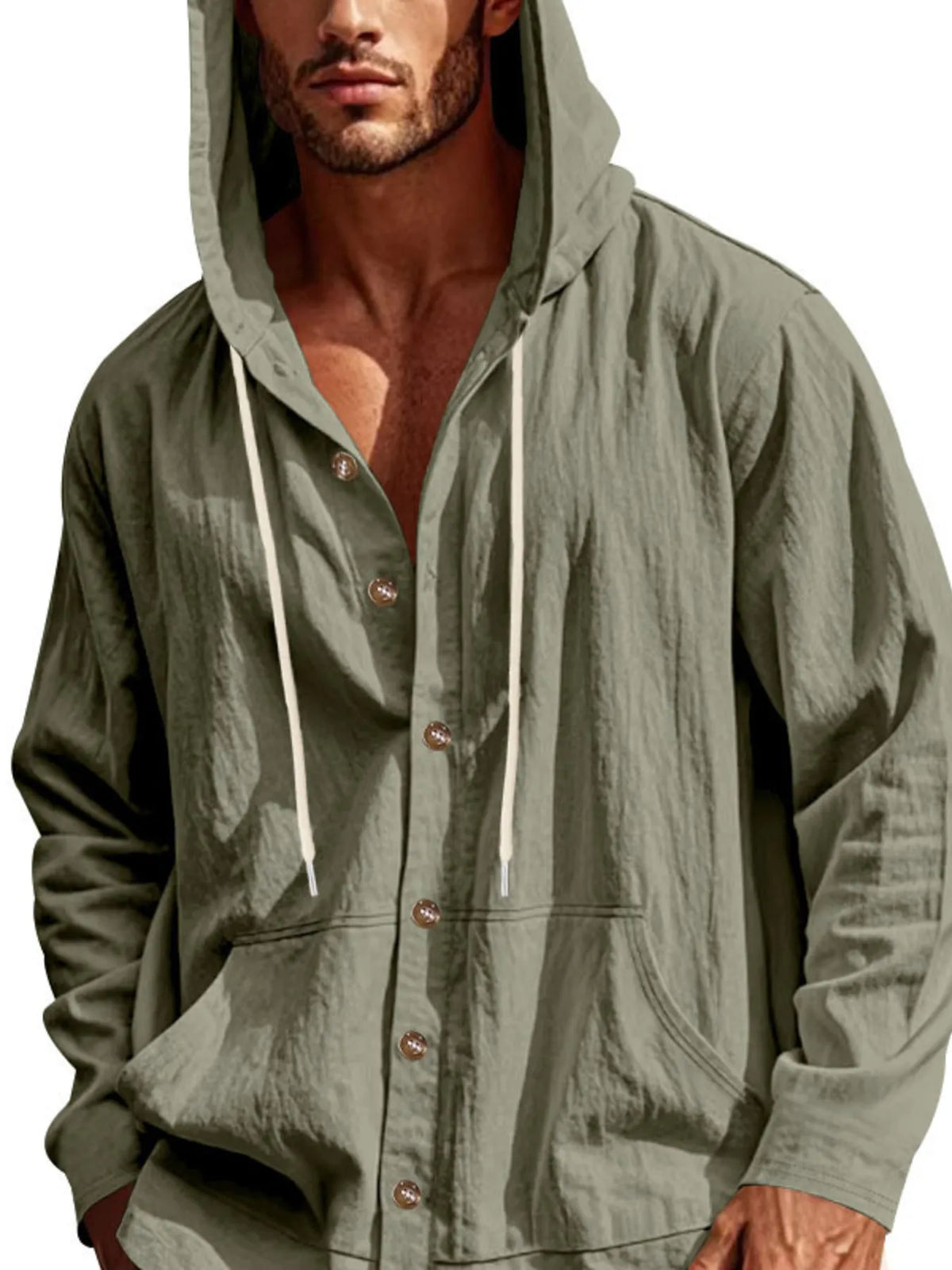 Men's Full Size Drawstring Button Up Hooded Top Plus Size