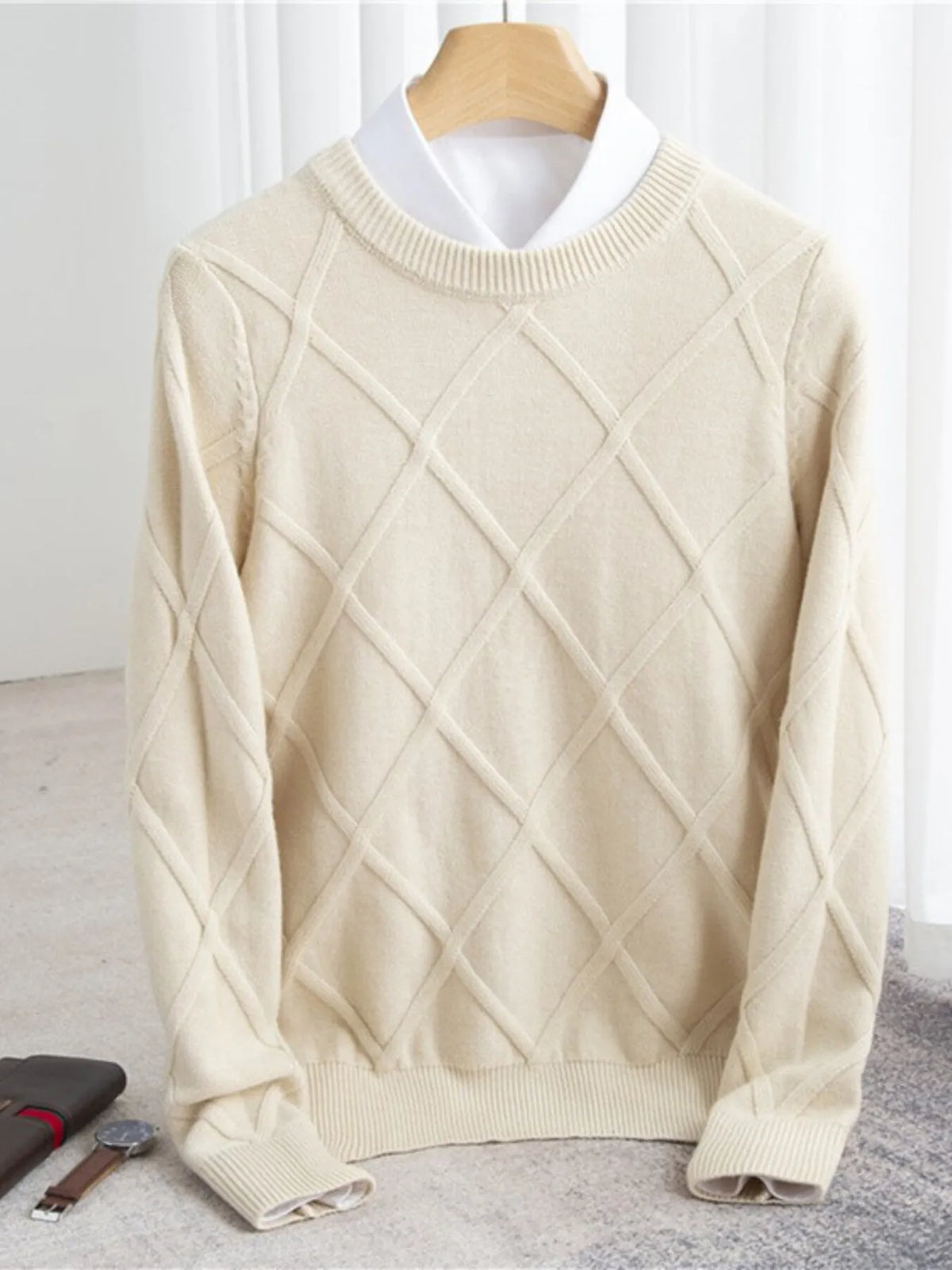 Men's Full Size Diamond Pattern Long Sleeve Sweater Plus Size