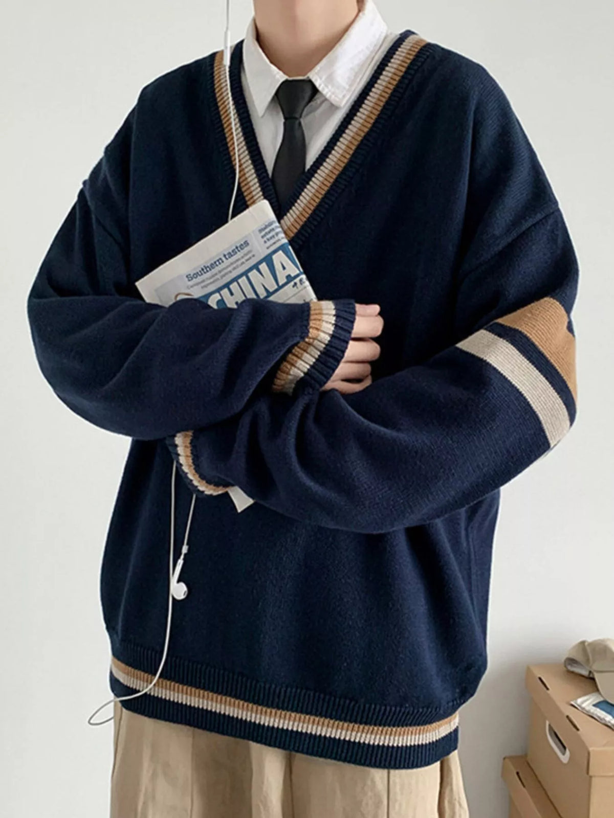 Men's Contrast Striped Long Sleeve Sweater