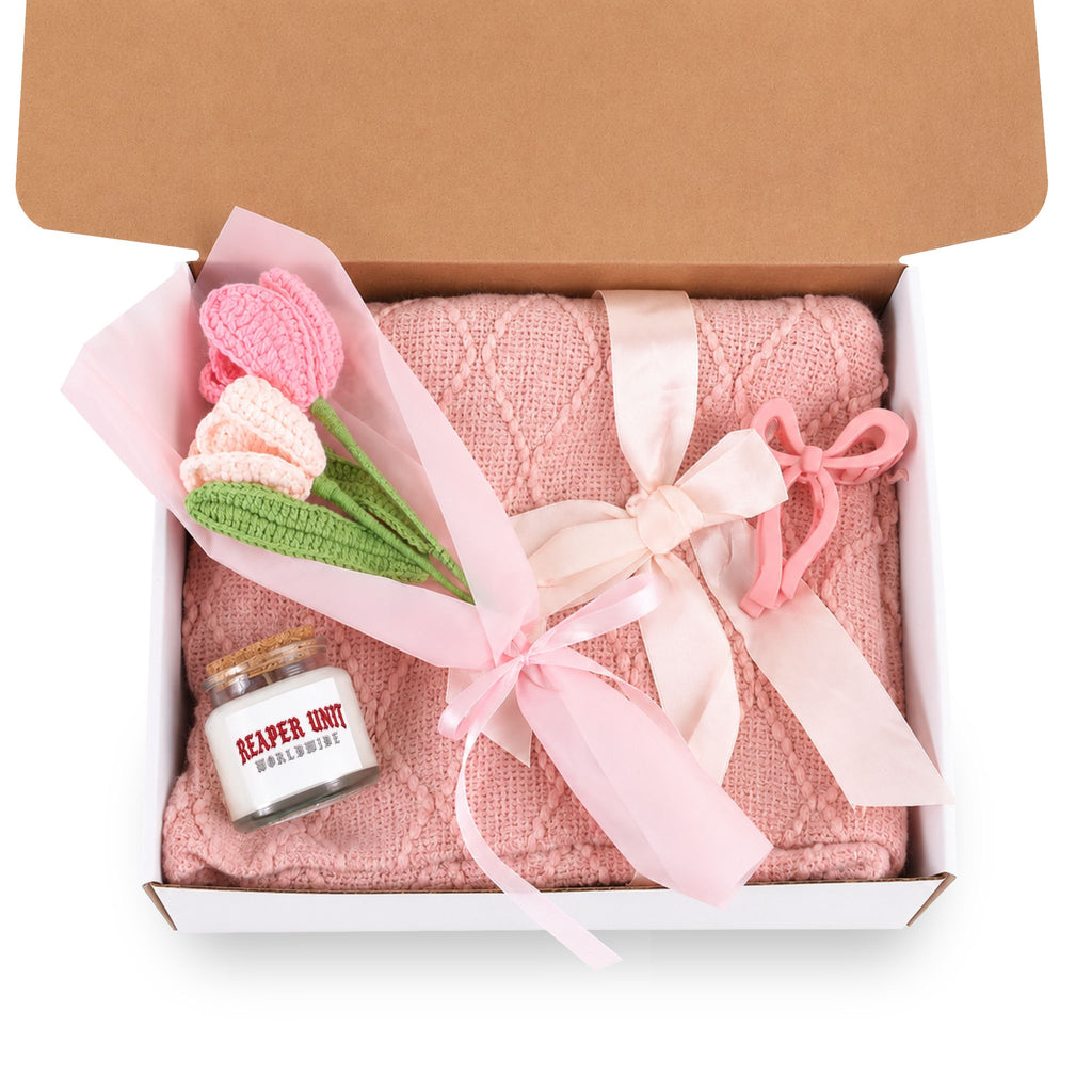 Reaper unit worldwide 4-Piece Blush & Bloom Gift Set (Candle, Blanket, Crochet Bouquet, Bow Clip)