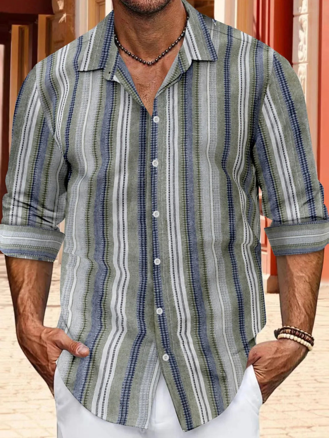 Men's Full Size Striped Button Up Long Sleeve Shirt Plus Size