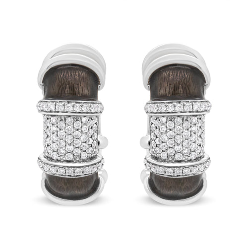 18K White Gold Flash Plated .925 Sterling Silver Clear Graphite Grey Enamel 5/8 Cttw Round Diamonds Huggie Hoop Earrings (F-G Color, VS1-VS2 Clarity)