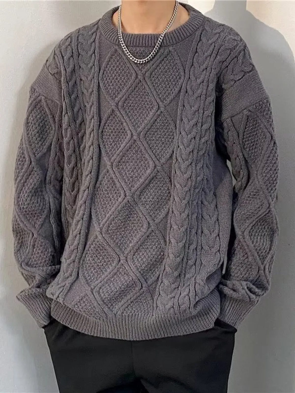 Men's Plus Size  Cable Knit Round Neck Sweater