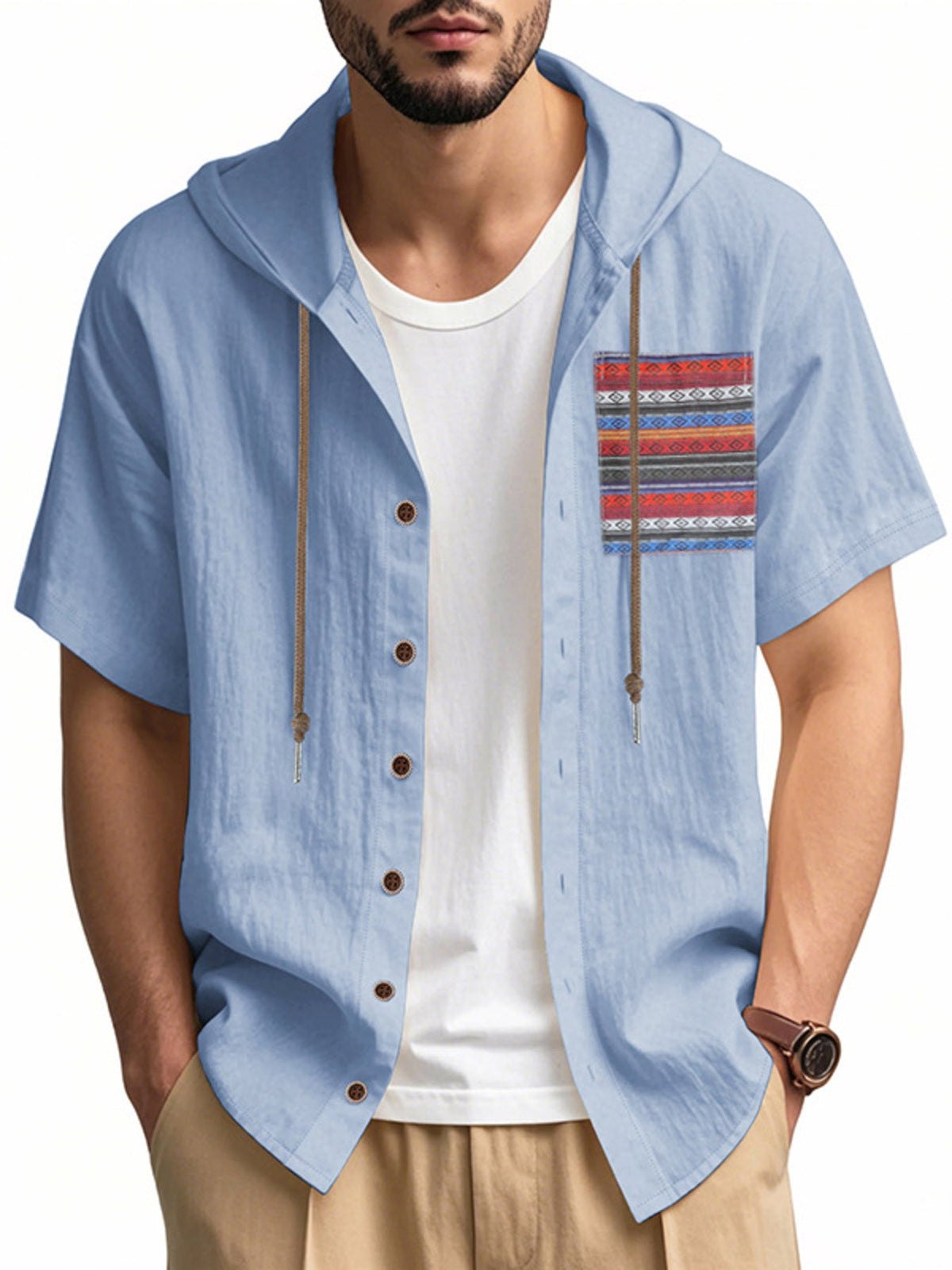 Men's Full Size Casual Hooded Short Sleeve Shirt Plus Size