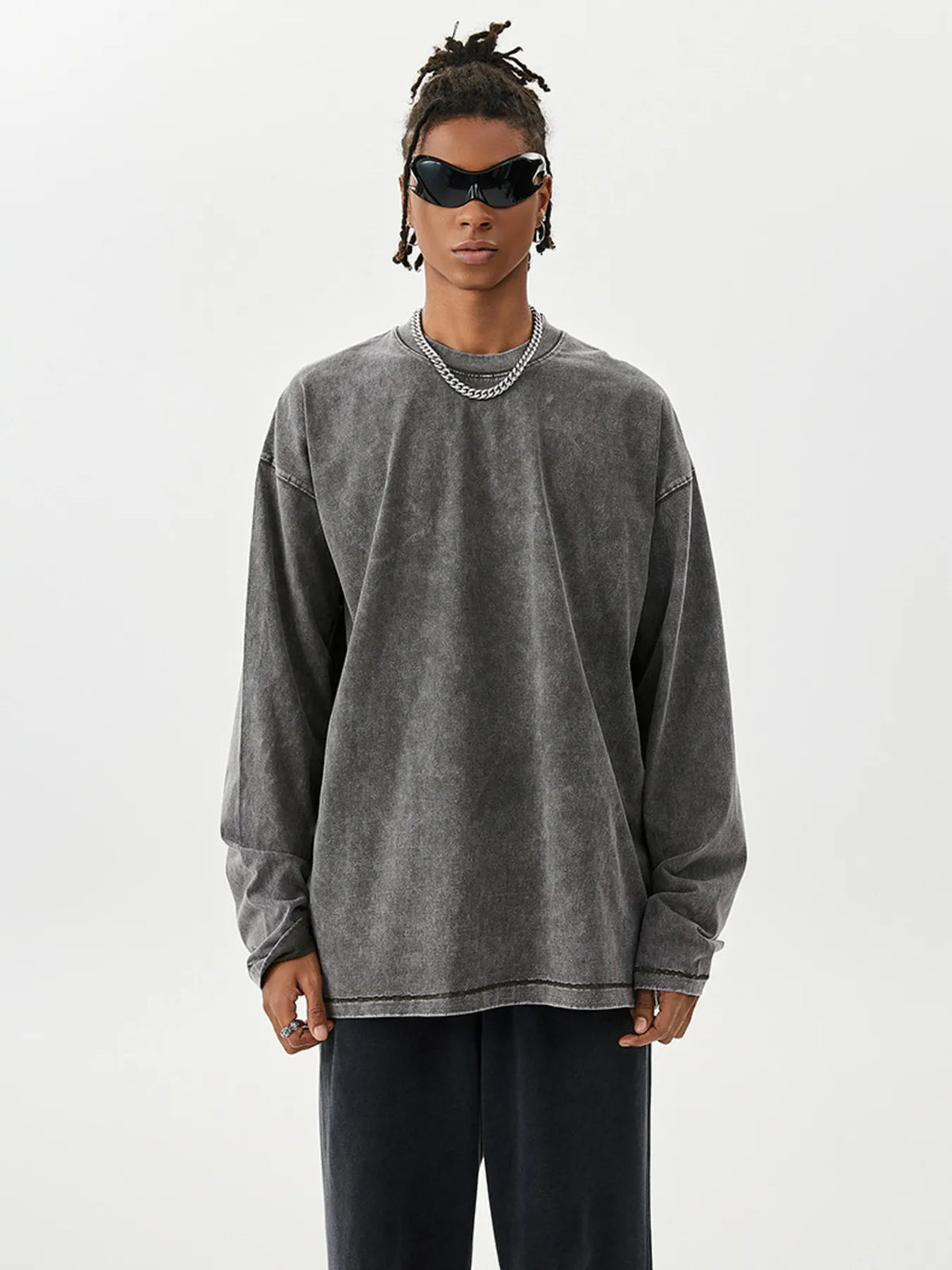 Men's Washed Round Neck Long Sleeve T-Shirt
