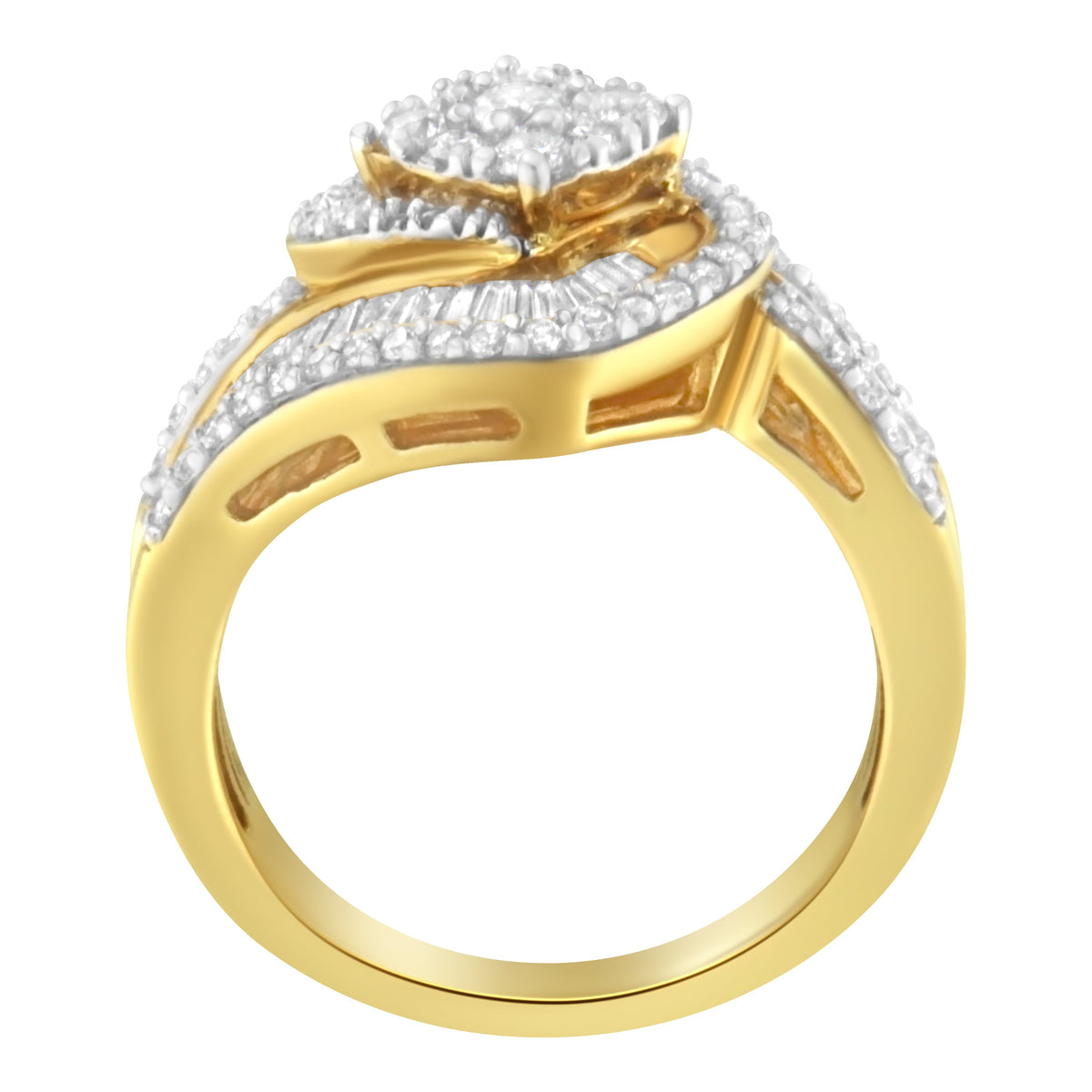 14K Yellow Gold 1.0 Cttw Baguette & Brilliant-Cut Diamond Round Floral Cluster Engagement or Fashion Ring with Swirl Wrapped Triple Row Band (H-I Color, SI2-I1 Clarity) - Size 6-3/4