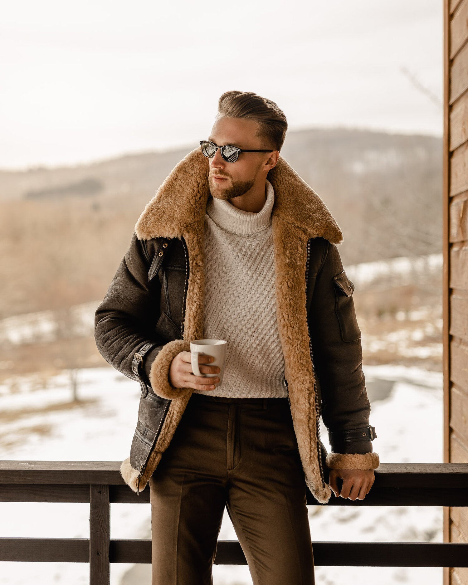 Reaper unit worldwide Men’s Brown B3 Flying Aviator Shearling Leather Long Jacket Coat
