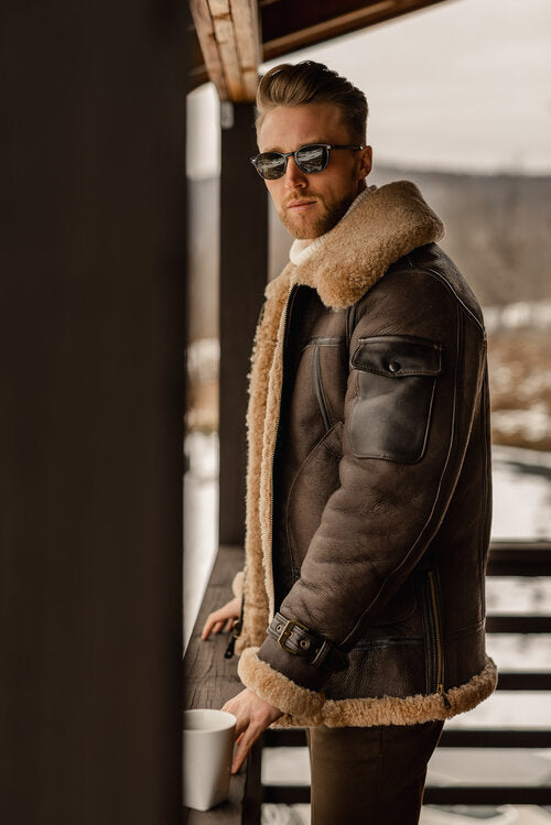 Reaper unit worldwide Men’s Brown B3 Flying Aviator Shearling Leather Long Jacket Coat