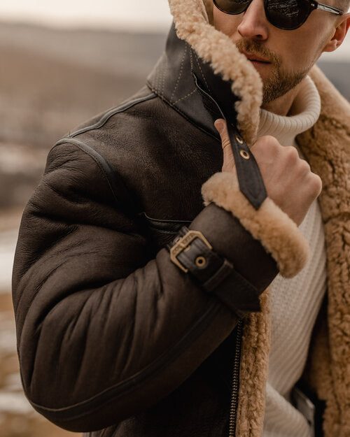 Reaper unit worldwide Men’s Brown B3 Flying Aviator Shearling Leather Long Jacket Coat