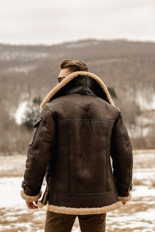 Reaper unit worldwide Men’s Brown B3 Flying Aviator Shearling Leather Long Jacket Coat