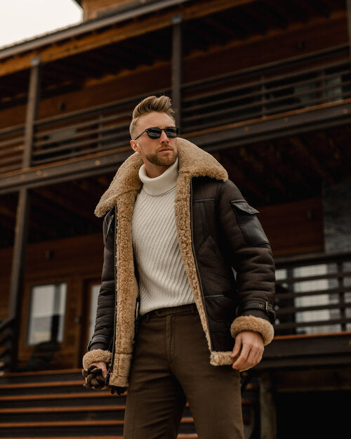 Reaper unit worldwide Men’s Brown B3 Flying Aviator Shearling Leather Long Jacket Coat