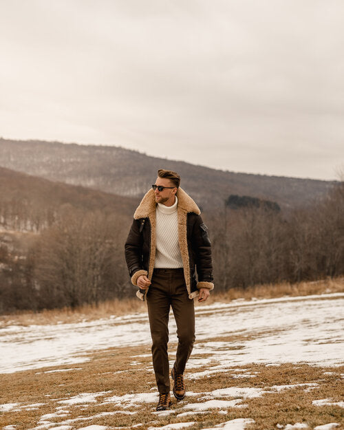Reaper unit worldwide Men’s Brown B3 Flying Aviator Shearling Leather Long Jacket Coat